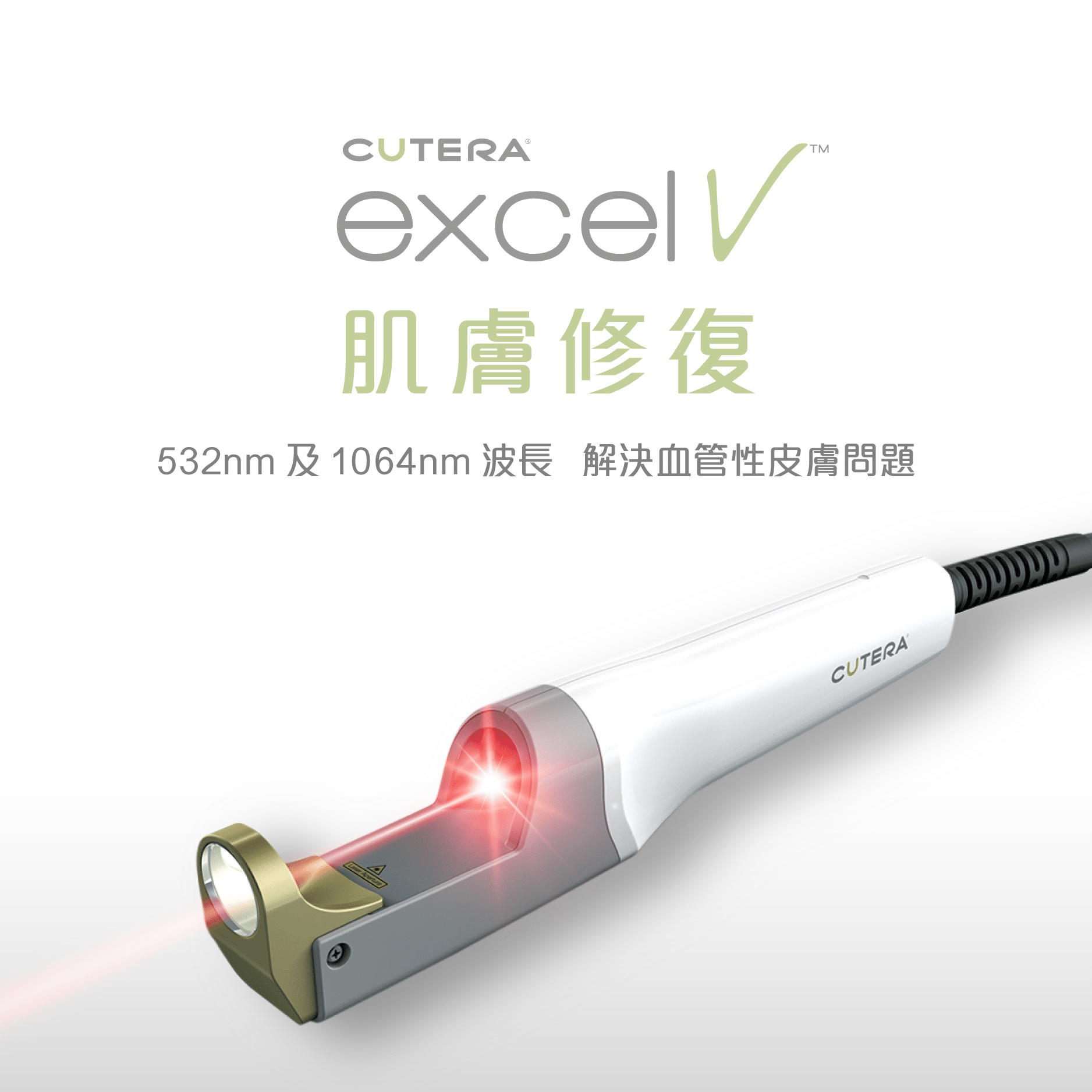 Cutera excel V設備，專為解決皮膚問題而設計，展示532nm及1064nm波長的激光技術。