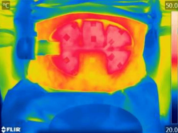 熱成像圖顯示FLEXSURE設備在腹部減脂過程中的熱度分布，強調治療過程中的體溫變化。